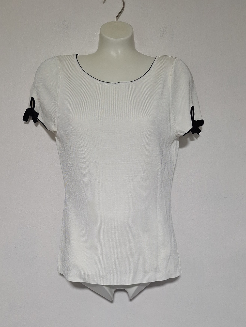 White House Black Market White Short Sleeve Top with Black Trim and Bow Details
